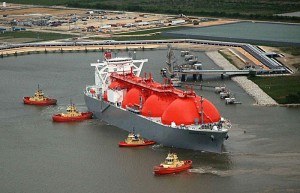 A liquid natural gas tanker is assisted by tugs on the Sabine-Neches Waterway on the Upper Texas  Coast.